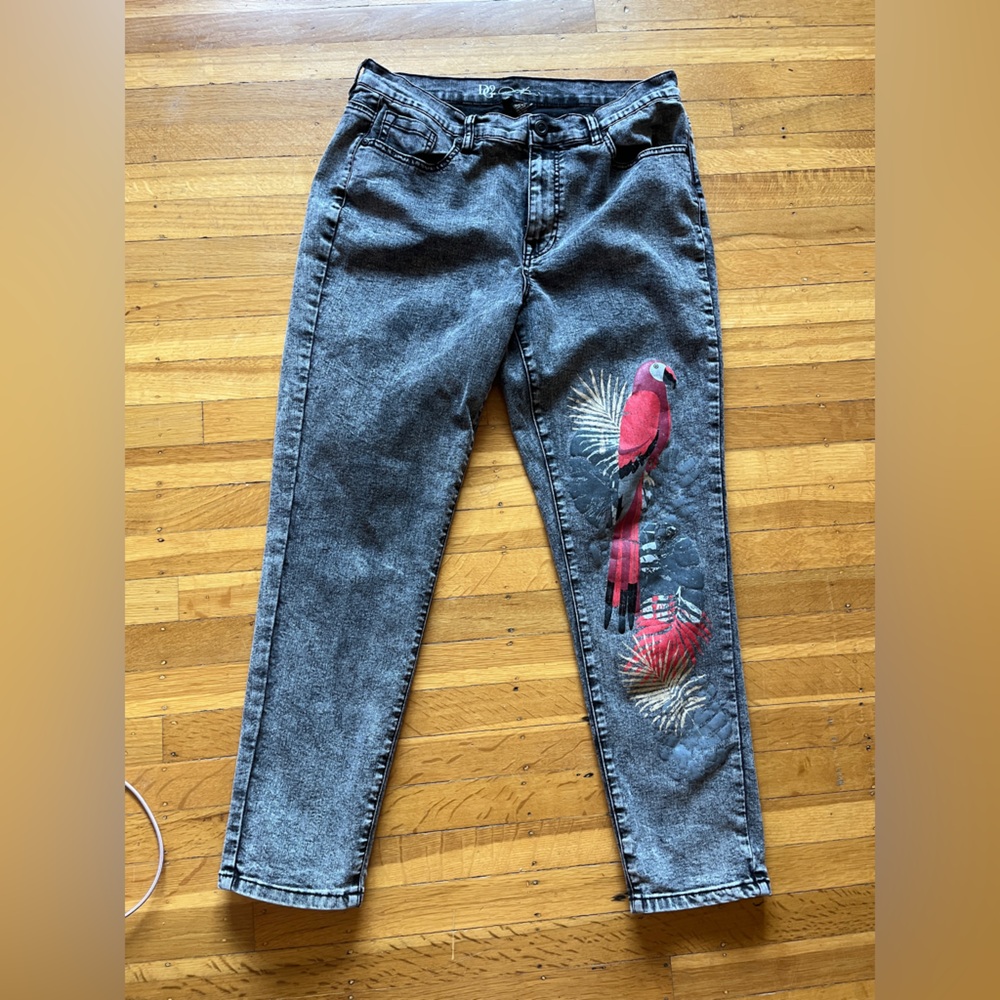 DG2 Diane Gilman macaw parrot black acid wash skinny stretch jeans 14 12 painted - Picture 4 of 7